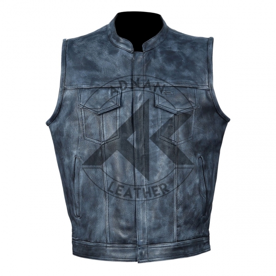 Men's Club Style Distressed Bluish Gray Leather Vest