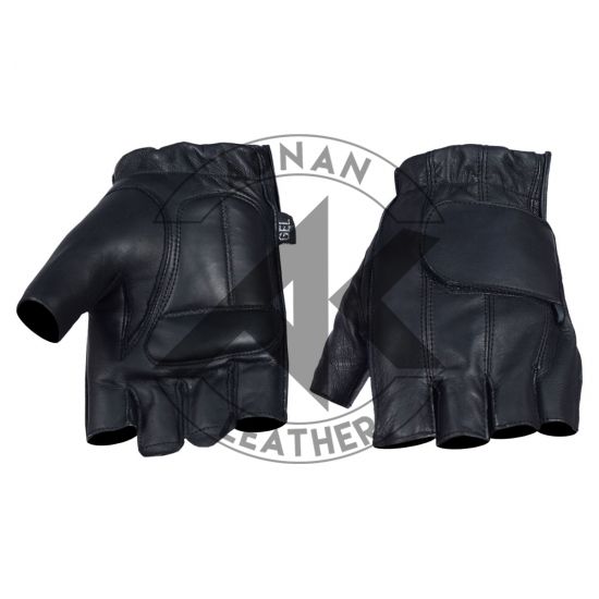 Men's Black Gel Palm Full Panel Leather Fingerless Gloves