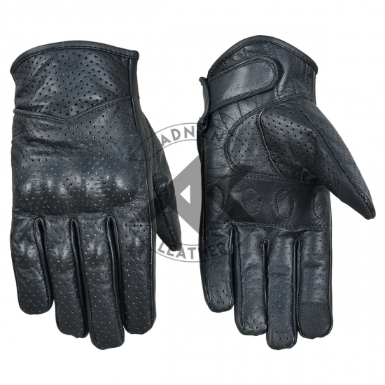 Men`s Black Perforated Leather Gloves with Hard Knuckle