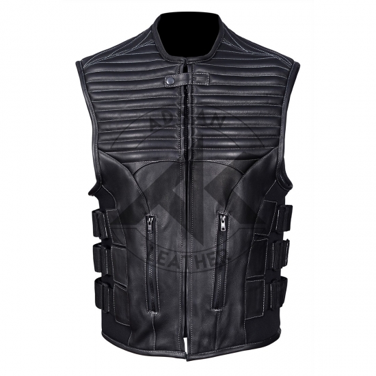 Men's Club Style Leather Vest - Black w White