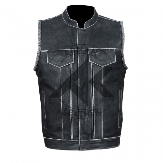 Men's Club Style Distressed Grey Leather Vest